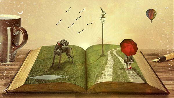 Fantasievolles Märchen-Buch mit Hund und Mädchen mit Regenschirm